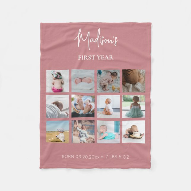 Baby's First Year Photo Collage Birth Stats Pink Fleece Blanket (Front)