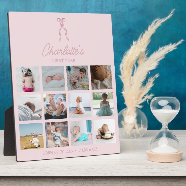 Baby's First Year Photos Birth Stats Pink Bow Plaque (Side)