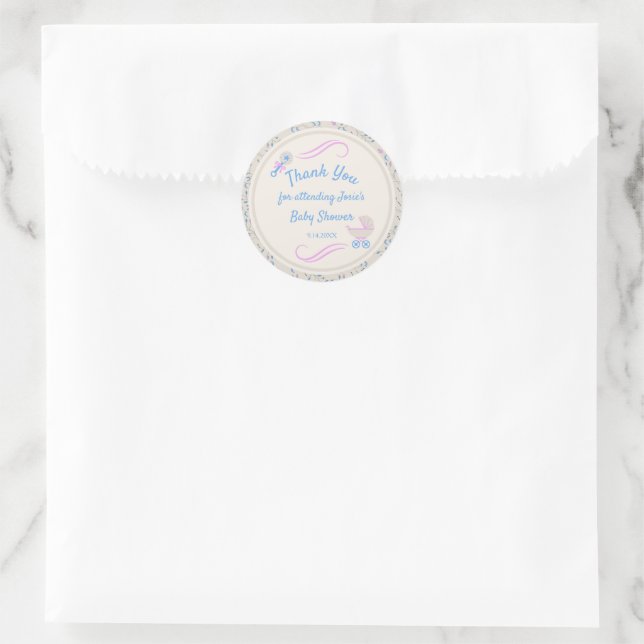 Baby's Grace Blue and Pink Baby Shower Classic Round Sticker (Bag)