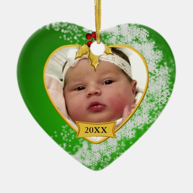 Baby's Green Snowy Photo Keepsake Christmas Ceramic Ornament (Front)