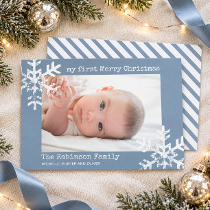 Baby's My 1st Christmas Photo Dusty Blue Snowflake Holiday Card