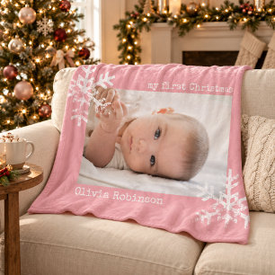 Baby's My First Christmas Photo Pink Snowflake Fleece Blanket