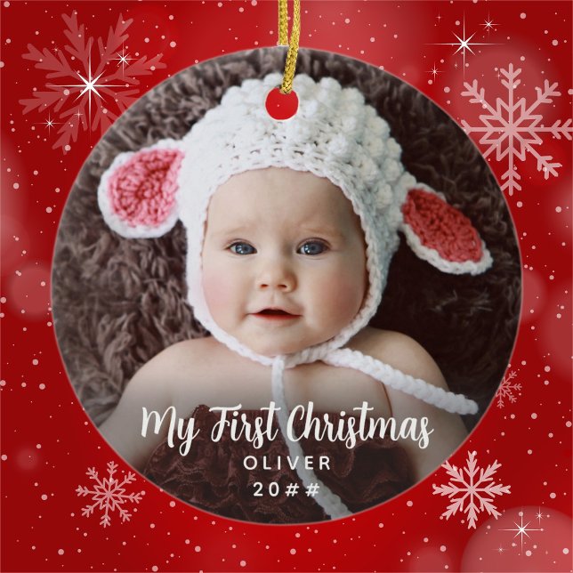 Baby's My First Christmas Timeless Ceramic Ornament (Available in multiple types or ornaments. Customize with photo, name, and date. Congratulations! )