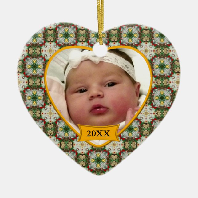 Baby's Photo Chrismas Wreath Pattern Ceramic Ornament (Front)