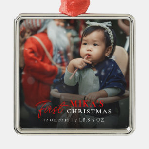 Baby's Photo First Christmas Birth Stats Metal Ornament