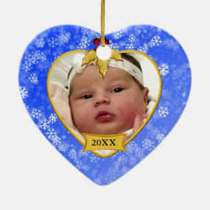 Baby's Photo Keepsake Gold Blue Snowy Christmas Ceramic Ornament