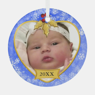 Baby's Photo Keepsake Gold Blue Snowy Christmas` Glass Ornament