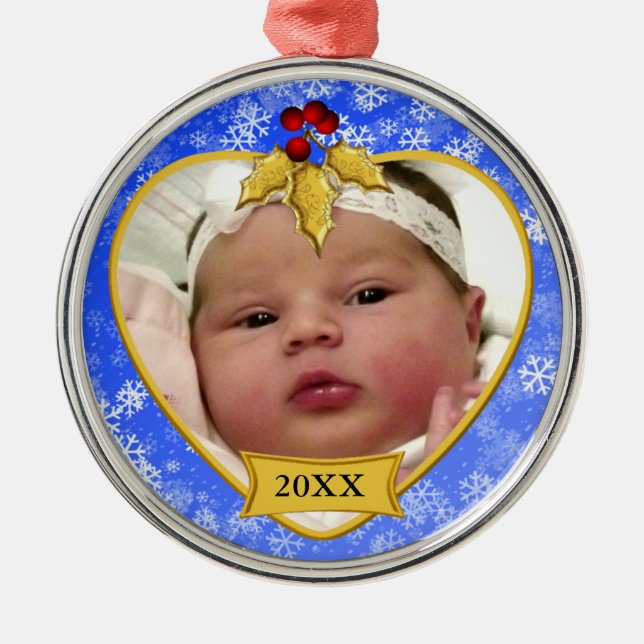 Baby's Photo Keepsake Gold Blue Snowy Christmas Metal Ornament (Front)
