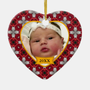 Baby's Photo Keepsake Red Christmas Pattern Ceramic Ornament