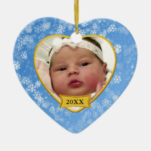 Baby's Snowy Blue Photo Keepsake Christmas Ceramic Ornament