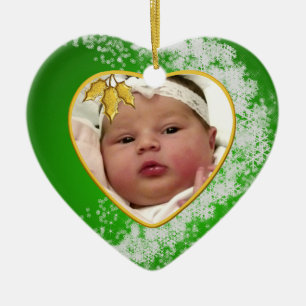 Baby's Snowy Green Photo Christmas Heart Ceramic Ornament