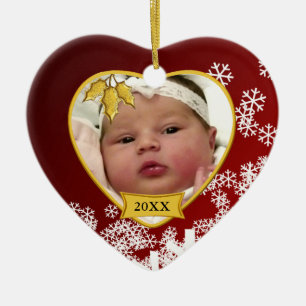 Baby's Snowy Red Photo Keepsake Christmas Ceramic Ornament