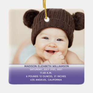 Baby's Stats Purple 1st Christmas Photo Ceramic Ornament