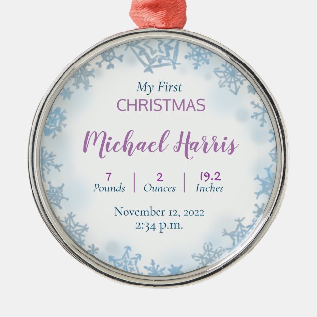 Baby's Very First Christmas Birth Stats  Metal Ornament (Front)