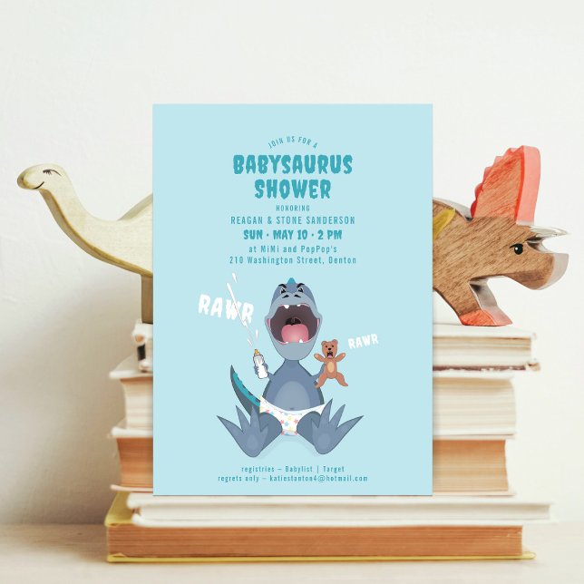 Babysaurus T-rex Baby shower bleu Invitation (Créateur téléchargé)