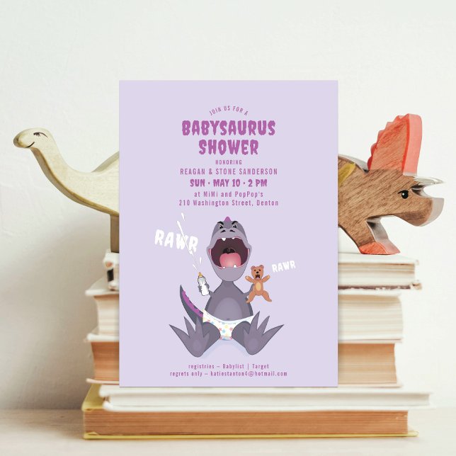 Babysaurus T-rex Purple Baby Shower Invitation (Creator Uploaded)