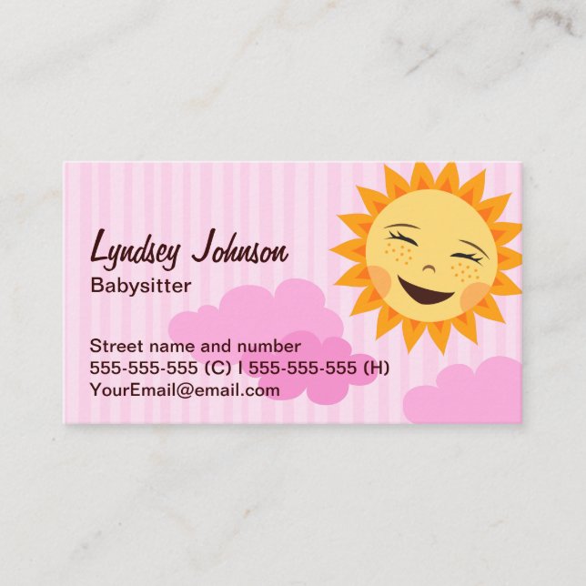 Babysitter business card, pink with cute sun card (Front)