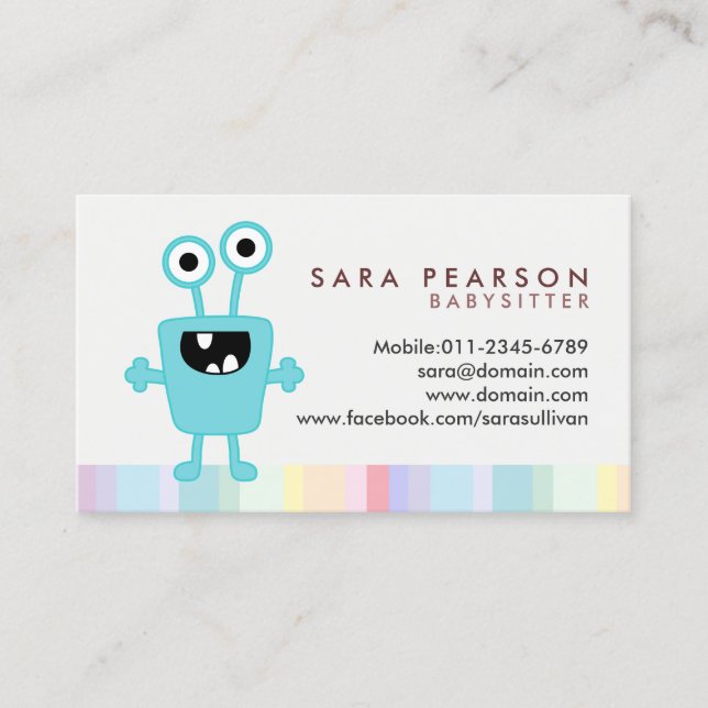 Babysitter Cute Cyan Monster Alien Business Card (Front)