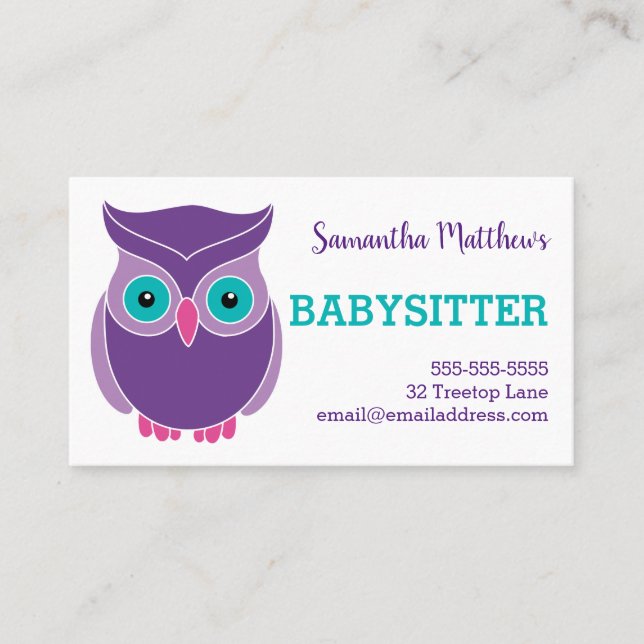 Babysitter Cute Purple Owl Childcare Provider Business Card (Front)