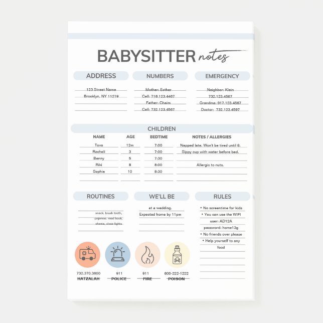 Babysitter Information Notes (Front)
