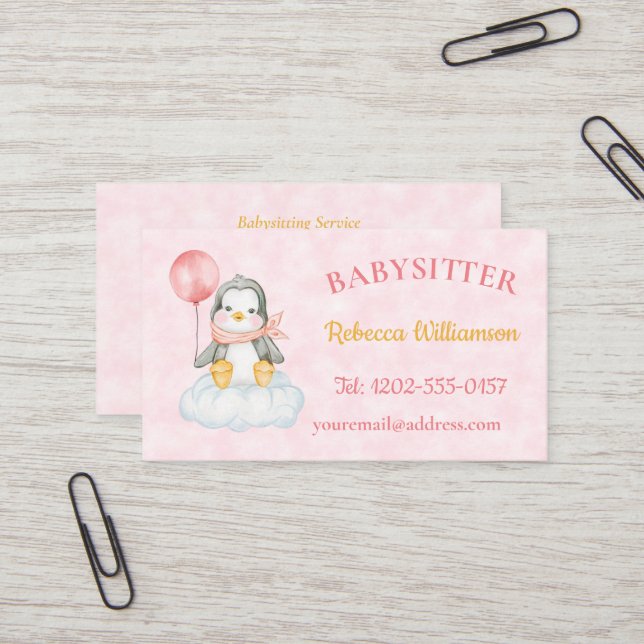 Babysitter QR Code Cute Penguin Pink Business Card (Front/Back In Situ)