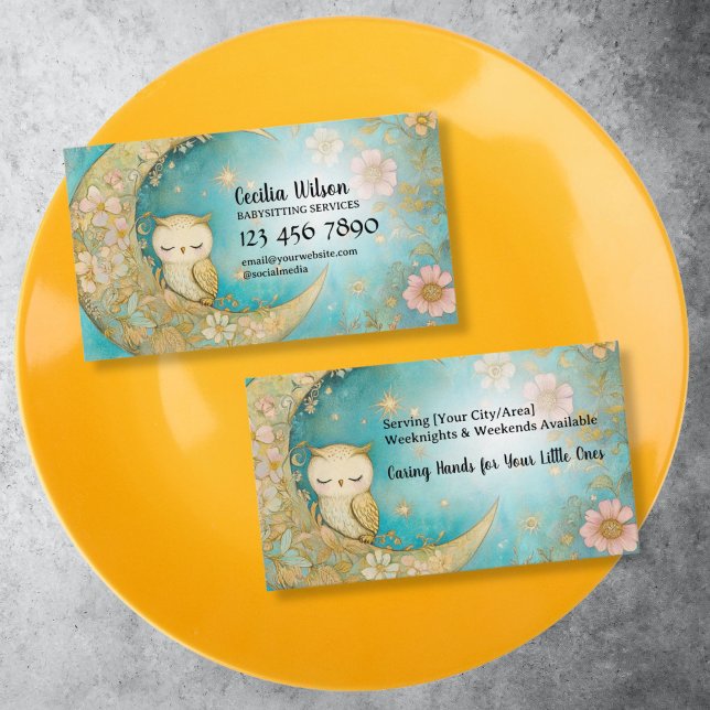 Babysitter Services, Babysitting, Nanny, Childcare Business Card (cute little owl babysitter business card, pastel blue)