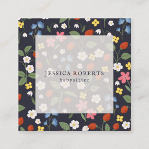 Babysitter Strawberry navy pattern square  Square Business Card