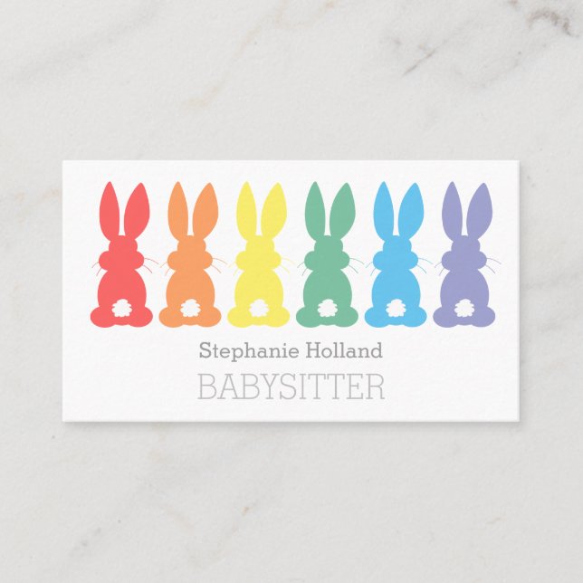 Babysitting Rainbow Bunny Babysitter Nanny Business Card (Front)