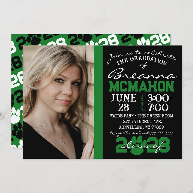 Baccalauréat en Paw Noir & Vert Photo Invitation ( Repeating Class Year 1 & 2 Photo Graduation Invitations & Announcements)