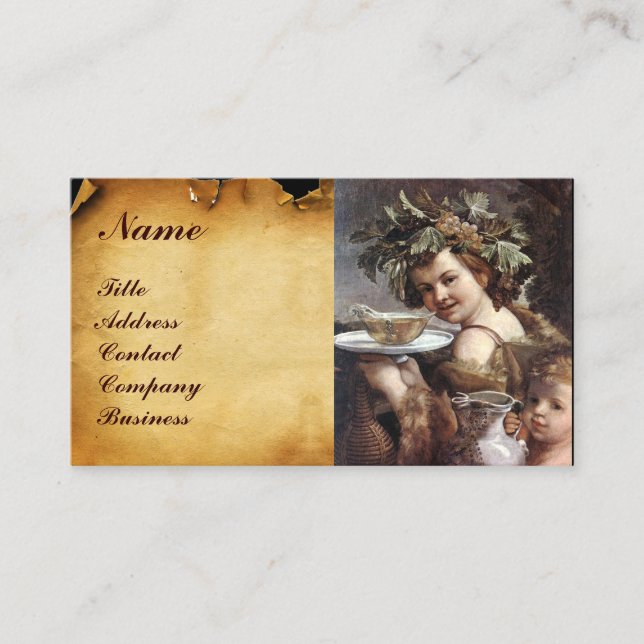 BACCHUS, GRAPES ,WHITE WINE RED WAX SEAL PARCHMENT BUSINESS CARD (Front)