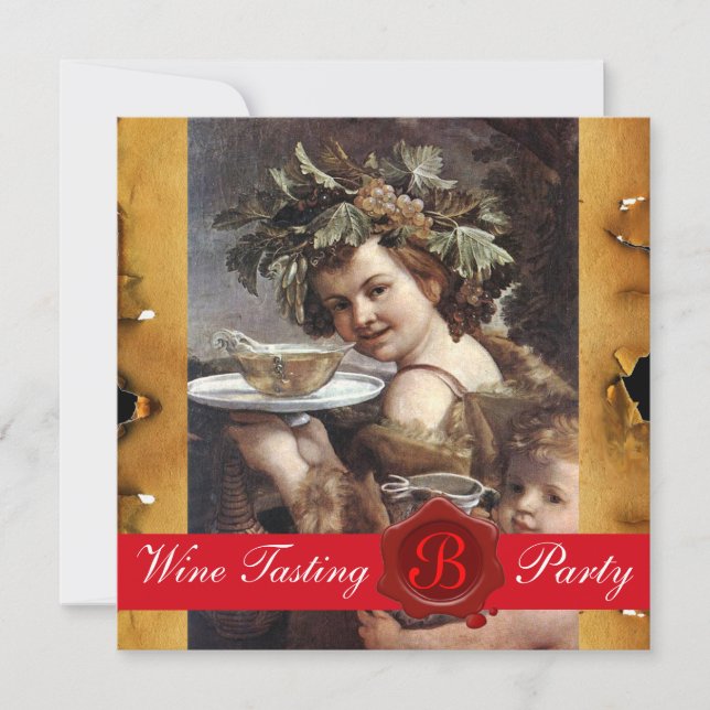 BACCHUS,WINE TASTING PARTY RED WAX SEAL PARCHMENT INVITATION (Front)