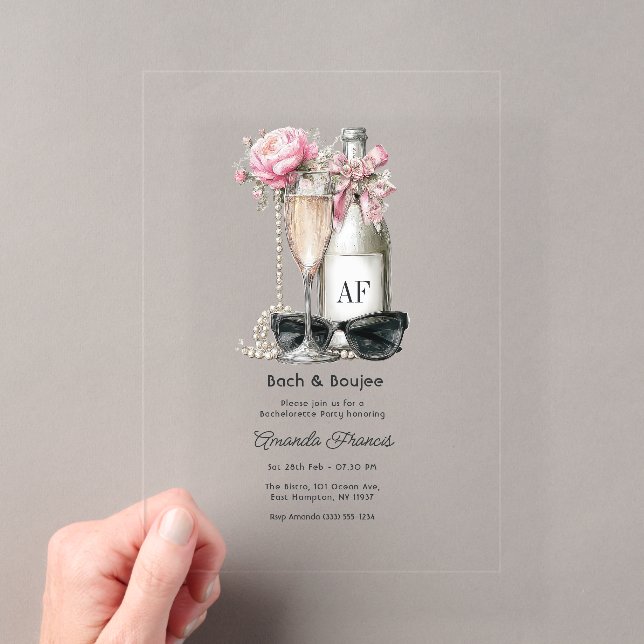 Bach & Boujee Monogram Chic Bachelorette Party Acrylic Invitations (Insitu (Handheld))
