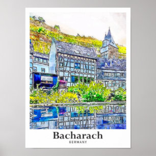 Bacharach Germany Travel Watercolor Hand Drawn Poster