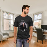 Bachelor black white photo man myth legend T-Shirt<br><div class="desc">Celebrate his special day in style with this personalized t-shirt! Featuring a classic black background and bold text that reads: "The Man, The Myth, The Legend." Customize the design by adding his name and a favourite photo to make it truly unique. This t-shirt is the perfect gift for a legendary...</div>