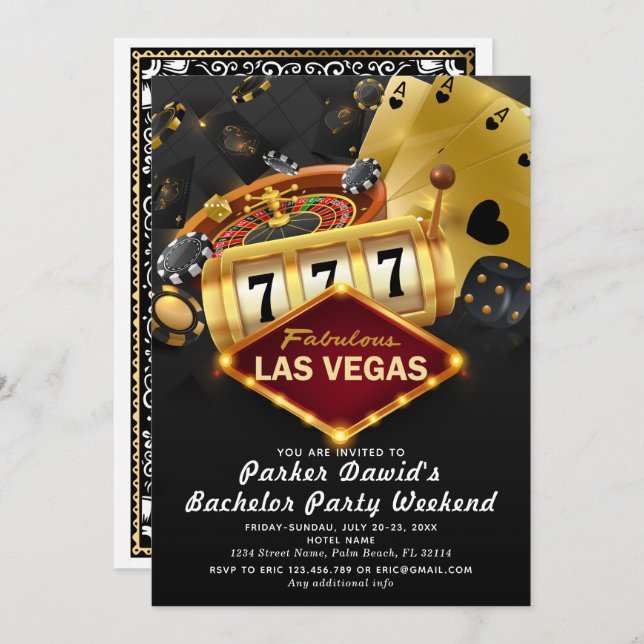 Bachelor Casino Party Black Gold Invitation (Front/Back)