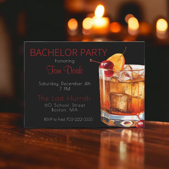 Bachelor Party Black Old Fashioned Drink Invitation (Creator Uploaded)