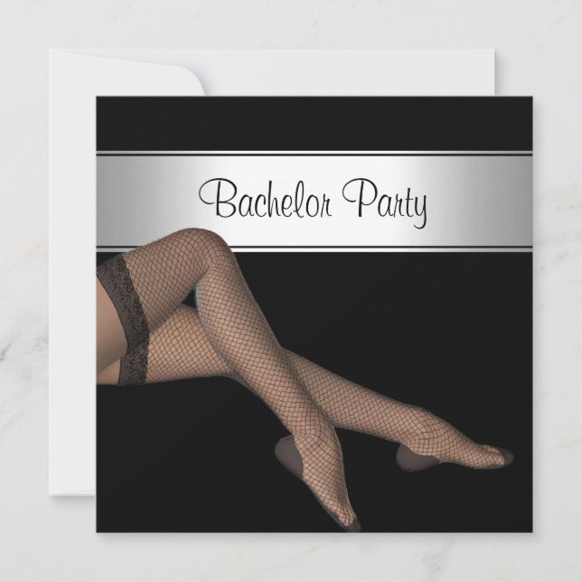 Bachelor Party Black Silver Girl Fishnet Stockings Invitation (Front)