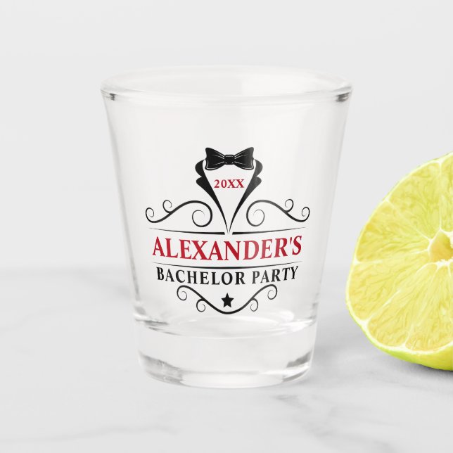 Bachelor Party Black Tie Red or Pick Text Colour Shot Glass (Front)