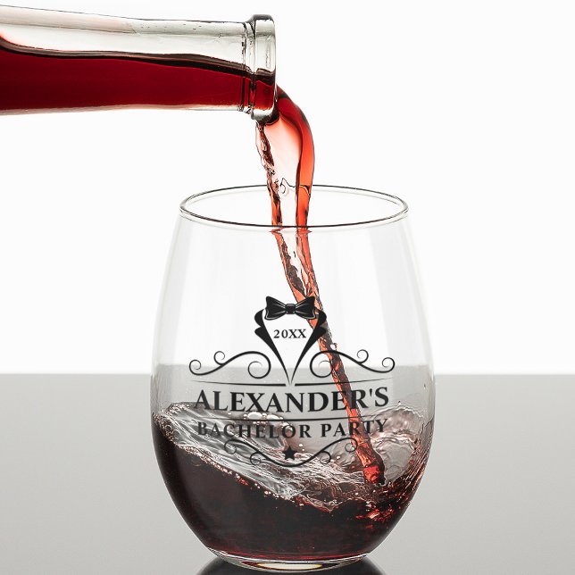 Bachelor Party Black Tie Stemless Wine Glass (Several styles to choose from.)
