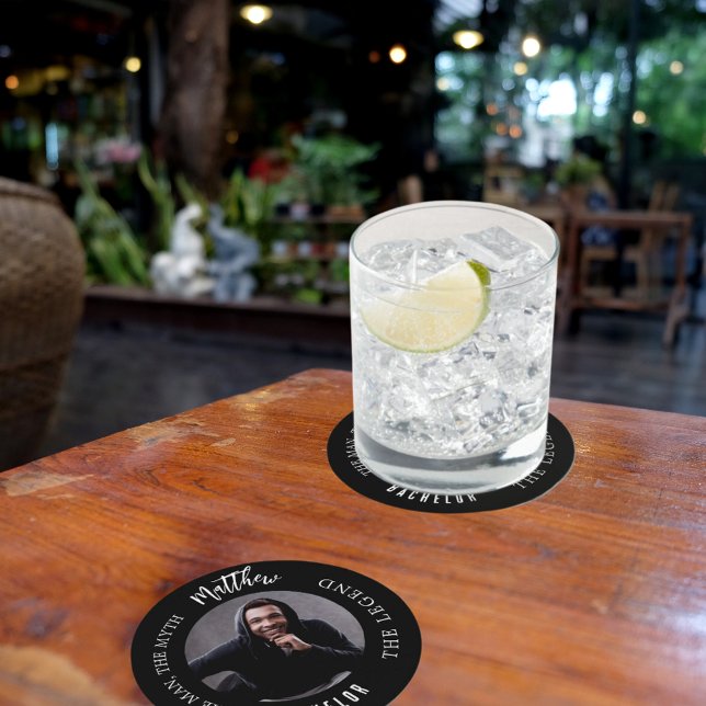 Bachelor party man myth legend photo black white round paper coaster (Creator Uploaded)