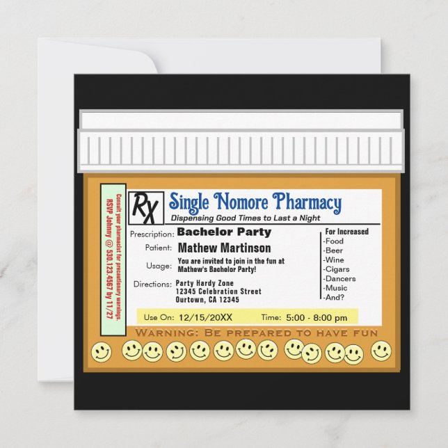 Bachelor Party RX for Fun Invitation (Front)