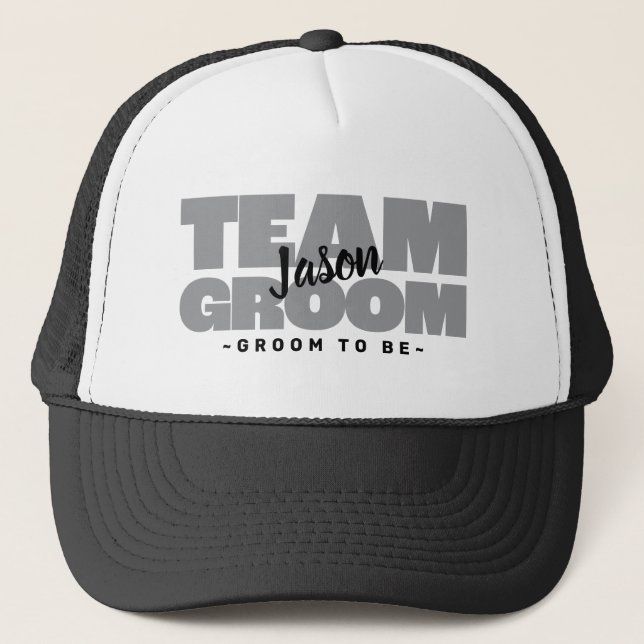 Bachelor Party Team Groom Name Gray Trucker Hat (Front)