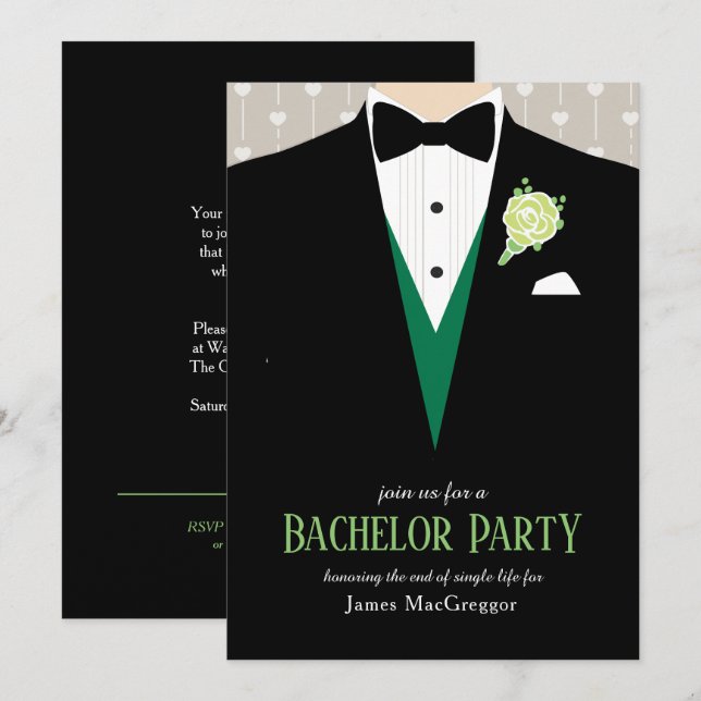 Bachelor party tuxedo green rose invitation (Front/Back)