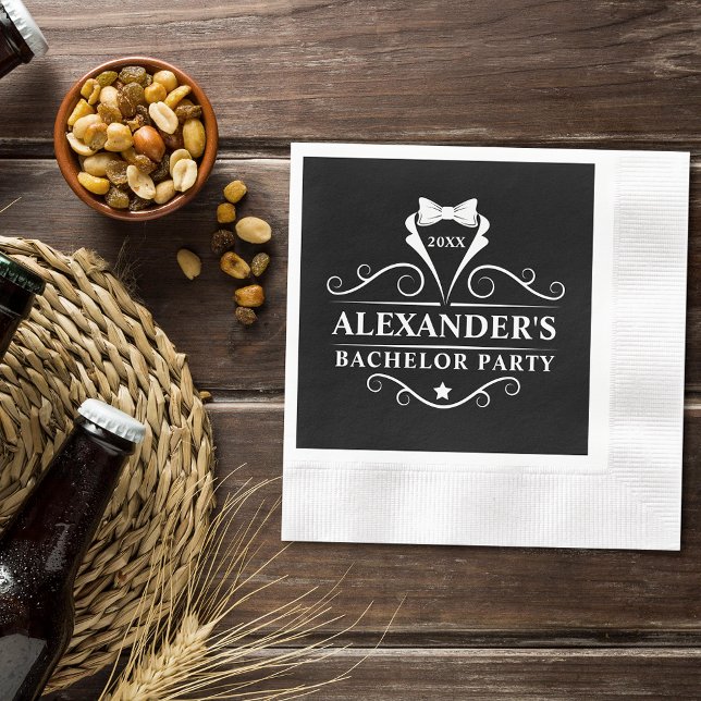 Bachelor Party Tuxedo Tie Black Napkin (Customize to change background color, text size or text style.)