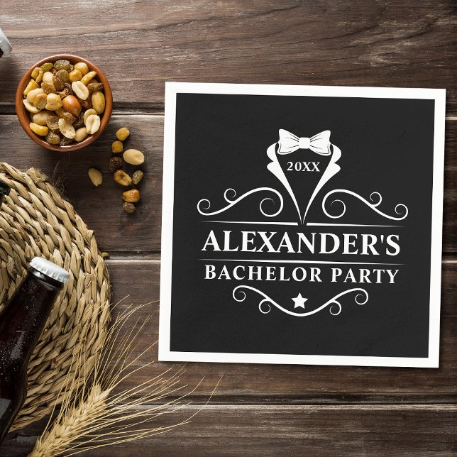 Bachelor Party Tuxedo Tie Black Paper Napkin (Customize to change background color, text size or text style.)