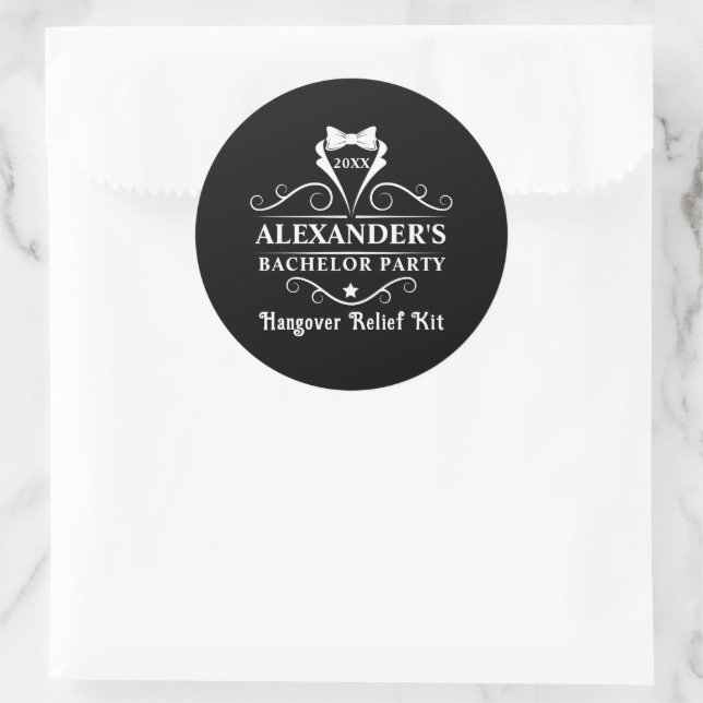 Bachelor Party Tuxedo Tie Hangover Relief Black Classic Round Sticker (Bag)