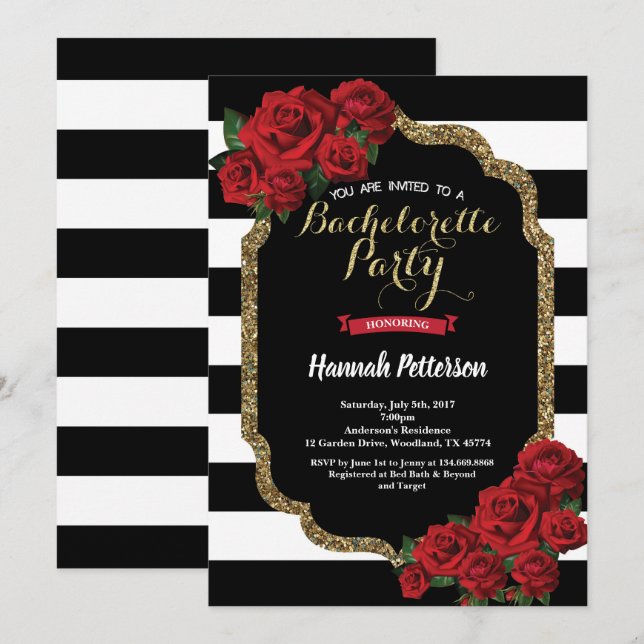 Bachelorée rouge invitation Black Gold (Devant / Derrière)