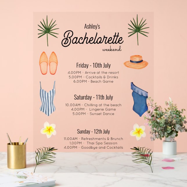 Bachelorette Beach Weekend Itinerary  Acrylic Sign (Wedding)