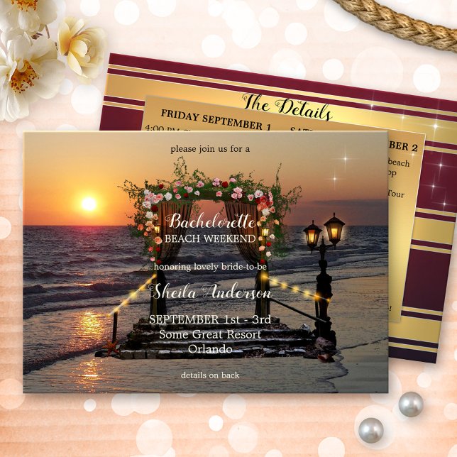 Bachelorette Beach Weekend Itinerary Invitation (bachelorette weekend getaway itinerary template invitation showing a lovely rose arbor on the beach)