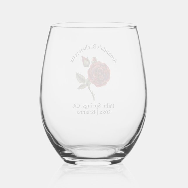 Bachelorette Birth Month Flower June Rose Stemless Wine Glass (Front)